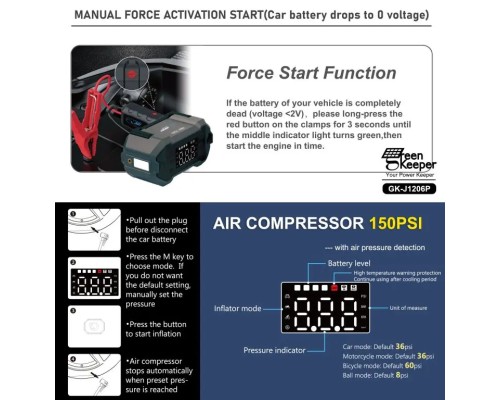 Пусковий зарядний пристрій Green Keeper GK-J1206P 3000A/20000mAh з компресором та ліхтариком