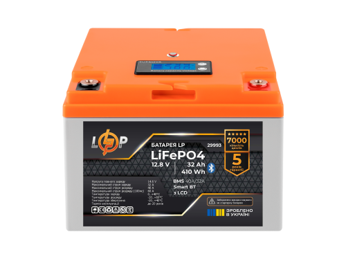 Акумулятор LP LiFePO4 12,8V - 32 Ah (410Wh) (BMS 40А/32A) пластик LCD Smart BT Акумулятор LP LiFePO4 12,8V - 32 Ah (410Wh) (BMS 40А/32A) пластик LCD Smart BT