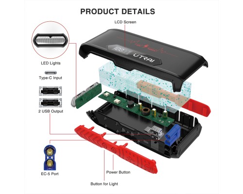 Пусковий зарядний пристрій UTRAI Jstar 3 1600A/20000mAh з ліхтариком