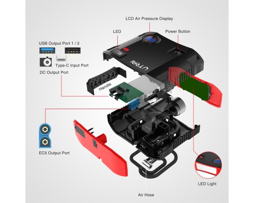 Пусковий зарядний пристрій UTRAI Jstar 5 2000A/24000mAh з компресором та ліхтариком